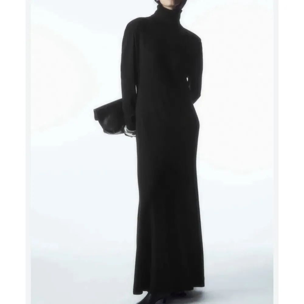 NWT COS Power Shoulder Merino Wool Maxi Dress Black Turtleneck XS Minimalistic